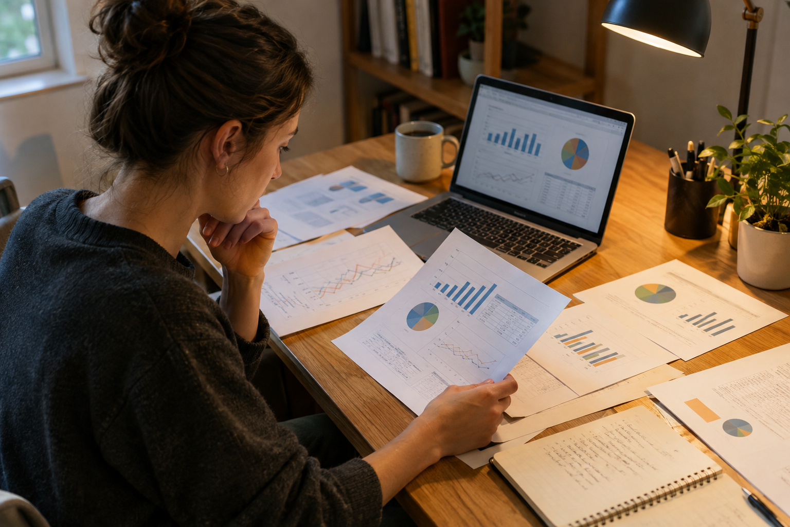 Printed charts and a laptop on a desk in warm light