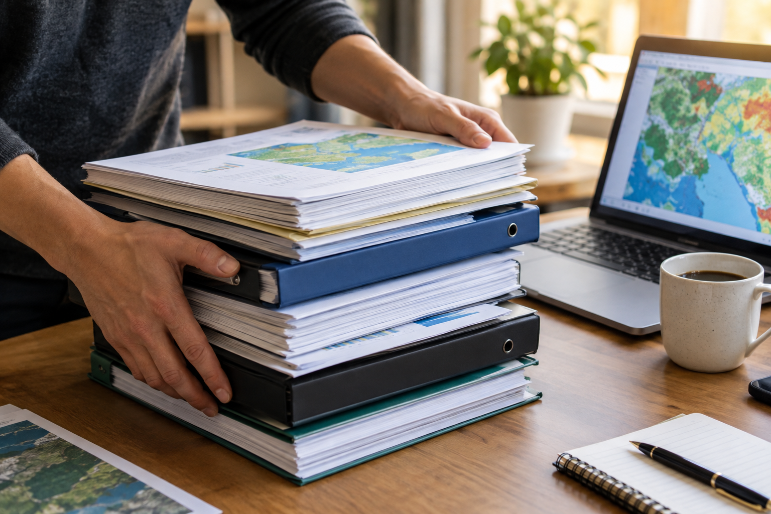 Hands organizing printed reports beside a laptop