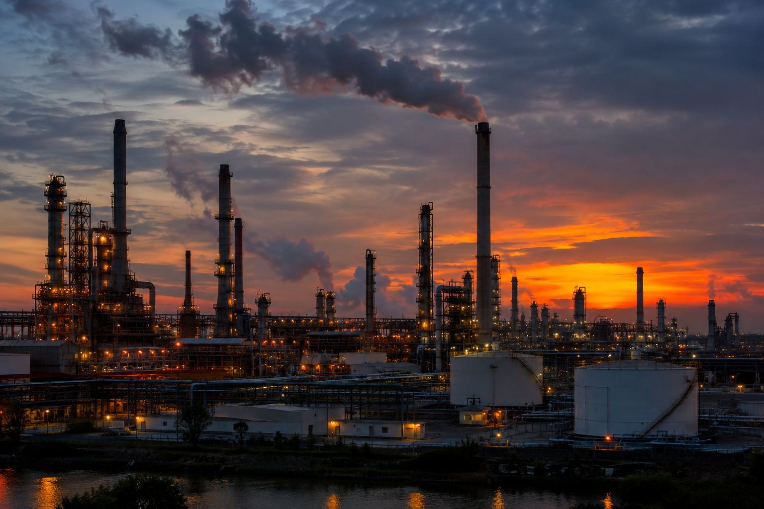 An industrial refinery at dusk