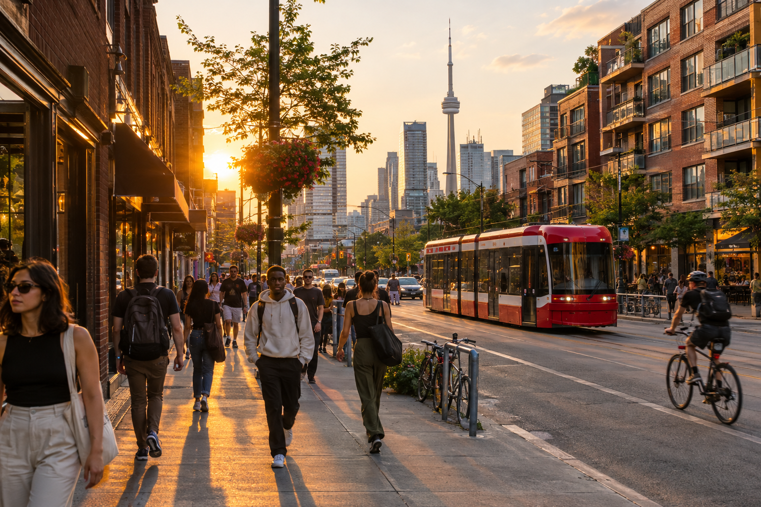 A lively Toronto street at golden hour